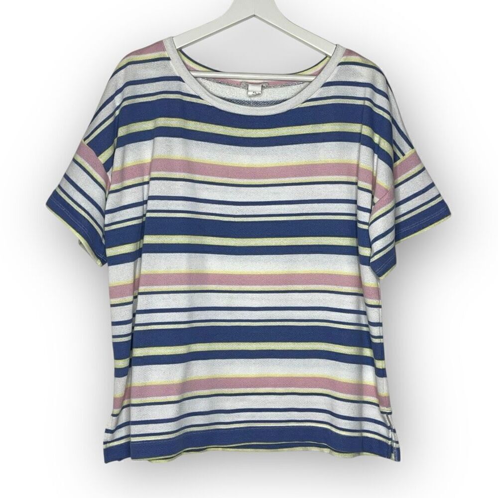 Loft Lounge Outlet Striped Short Sleeve Top Blouse White Pink Blue Women Size XL